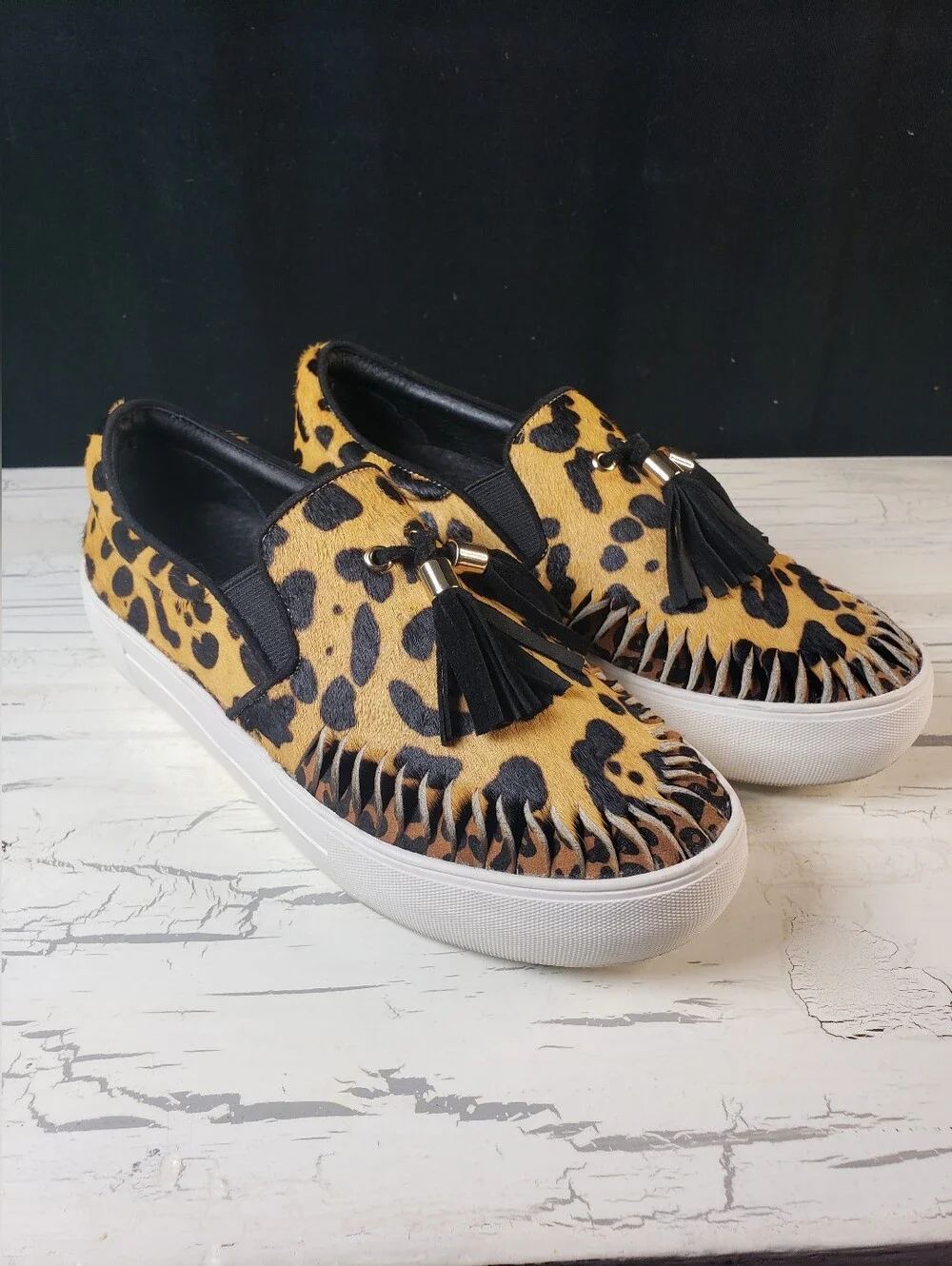 J/Slides NYC Aztec Leopard Print Calf Hair Slip-On Platform Sneakers - size 7.5
